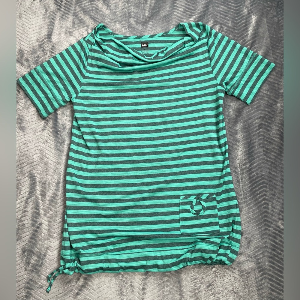 REI Sariska Drape Neck Mint Green Gray Stripe Tee Medium